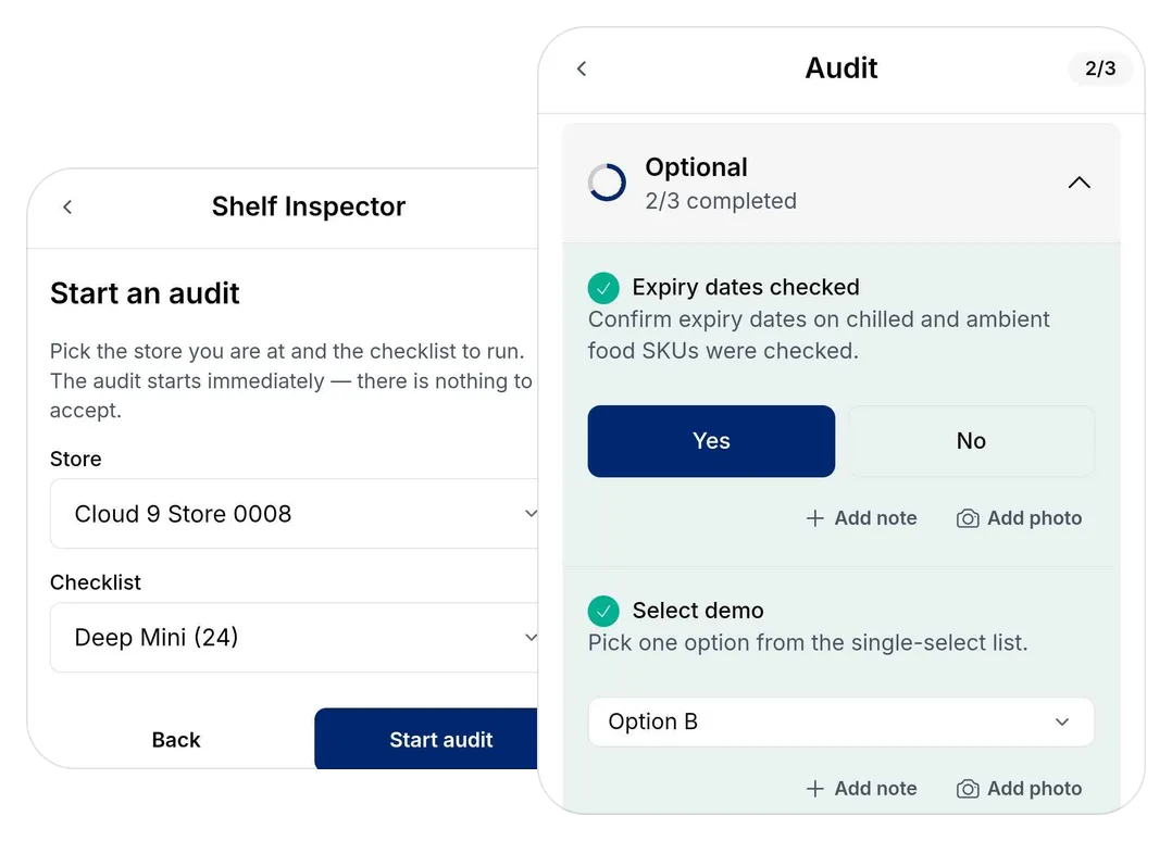 Mobile app: picking a store and checklist, then answering an audit activity